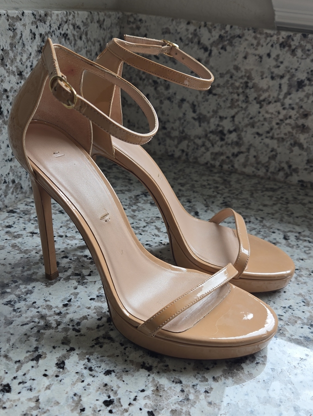 Stuart Weitzman Patent Nudist Disco Ankle-Strap Stiletto Sandals